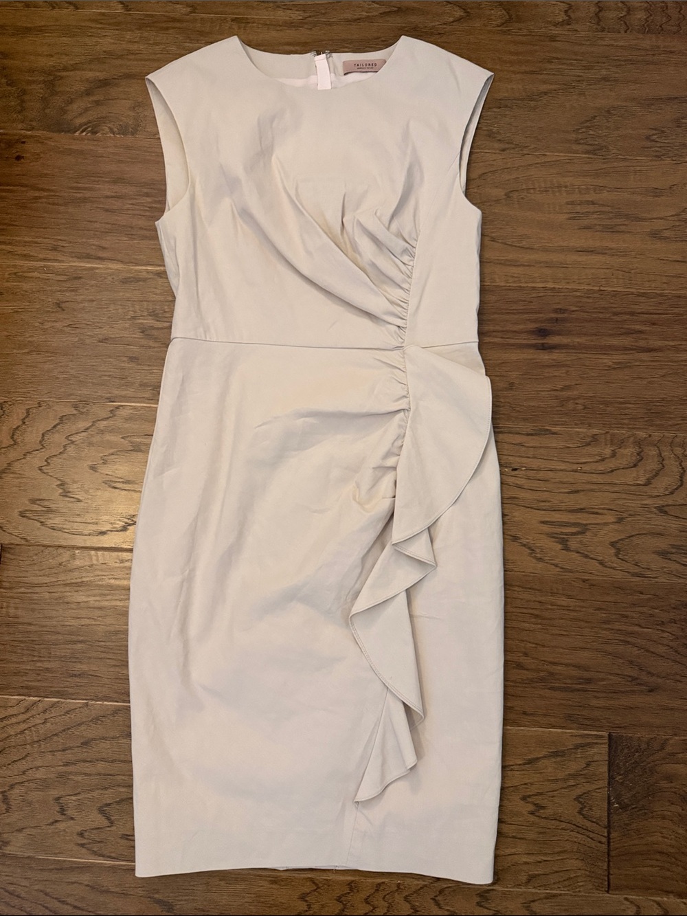 Tailored by Rebecca Taylor Cream Ruched Ruffle Midi Sheath Dress - Picture 2 of 13